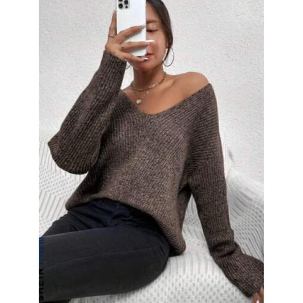 Casual Khaki V- Neck Drop Shoulder Pullovers